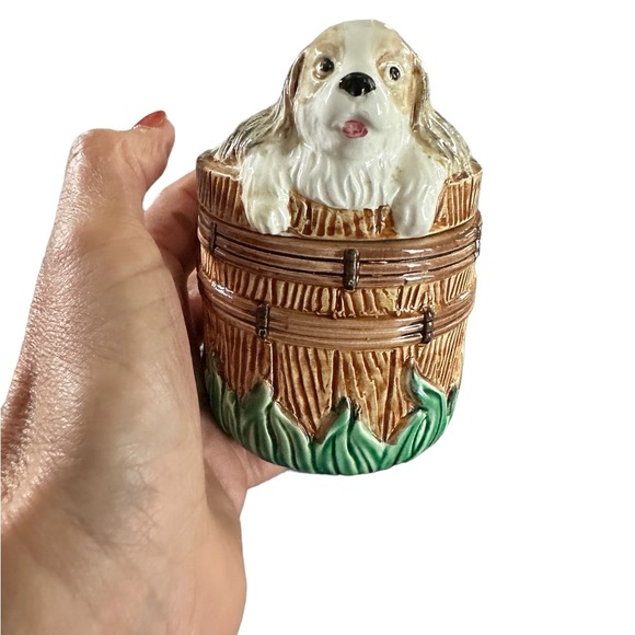 Spaniel Puppy in Barrel Creamer and Sugar Bowl w/ Lid Set VINTAGE - Picture 7 of 11